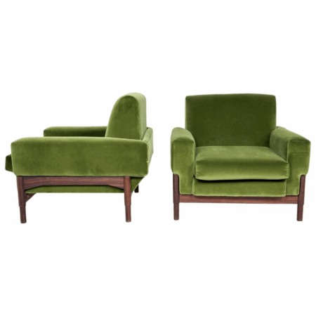 Mid-Century Modern Pair of Armchairs, Wood and Green Velvet, 1960s