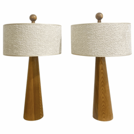 Pair of Modern Conical Wooden Table Lamps, Boucle Lampshade, Italy