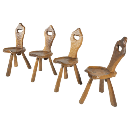 Set of 4 Wooden Brutalist Chairs, Italy, 1970s