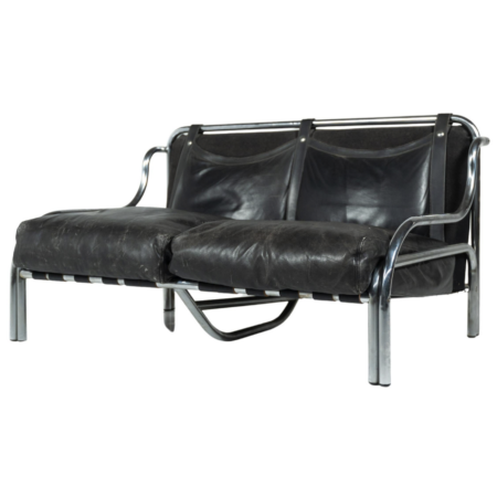 2-Seater Stringa Sofa by Gae Aulenti, Black Leather, Italy, 1962