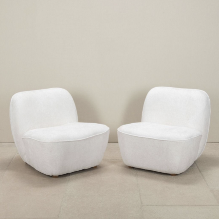 Pair of Contemporary Italian armless low chairs (chaffeuse) in the Mid-Century modular style.