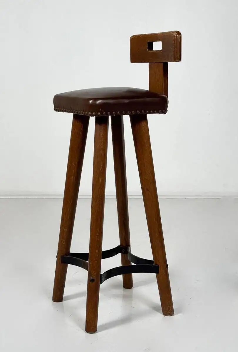 Brutalist Bar Stool, Wood and Leather, 1970s - 7 available - Image 2