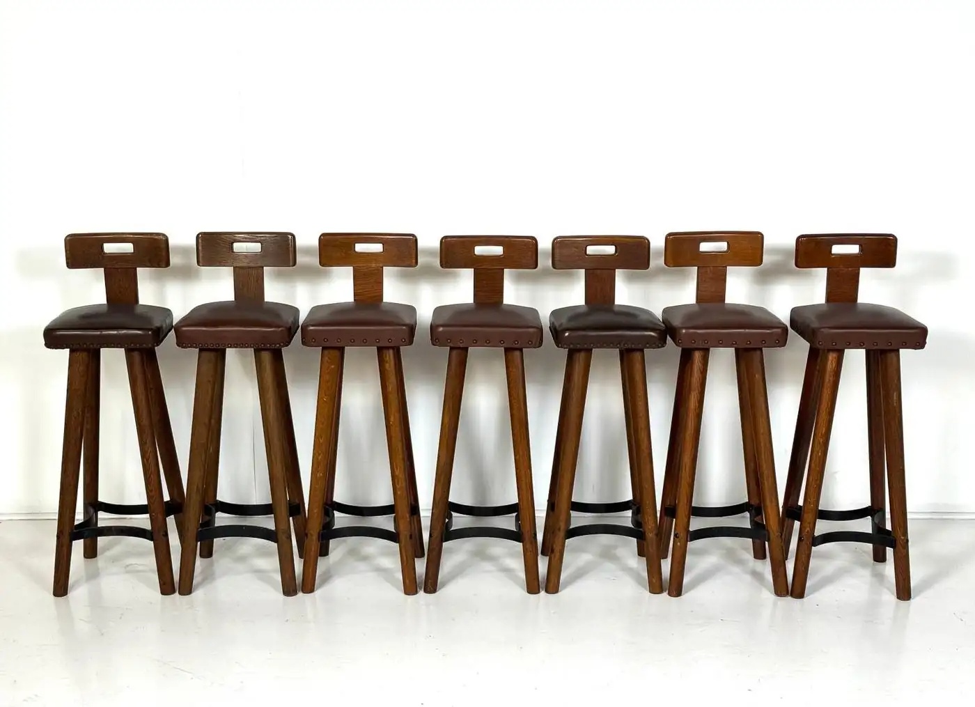 Brutalist Bar Stool, Wood and Leather, 1970s - 7 available - Image 3