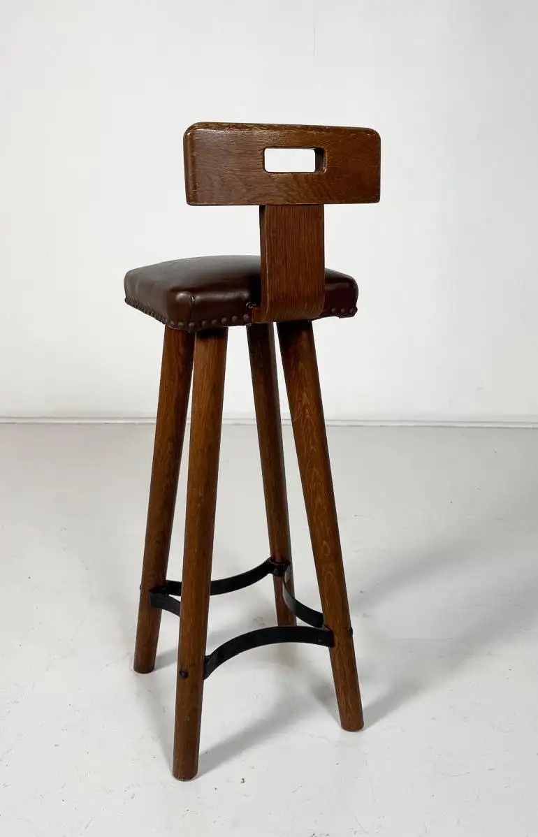 Brutalist Bar Stool, Wood and Leather, 1970s - 7 available - Image 5
