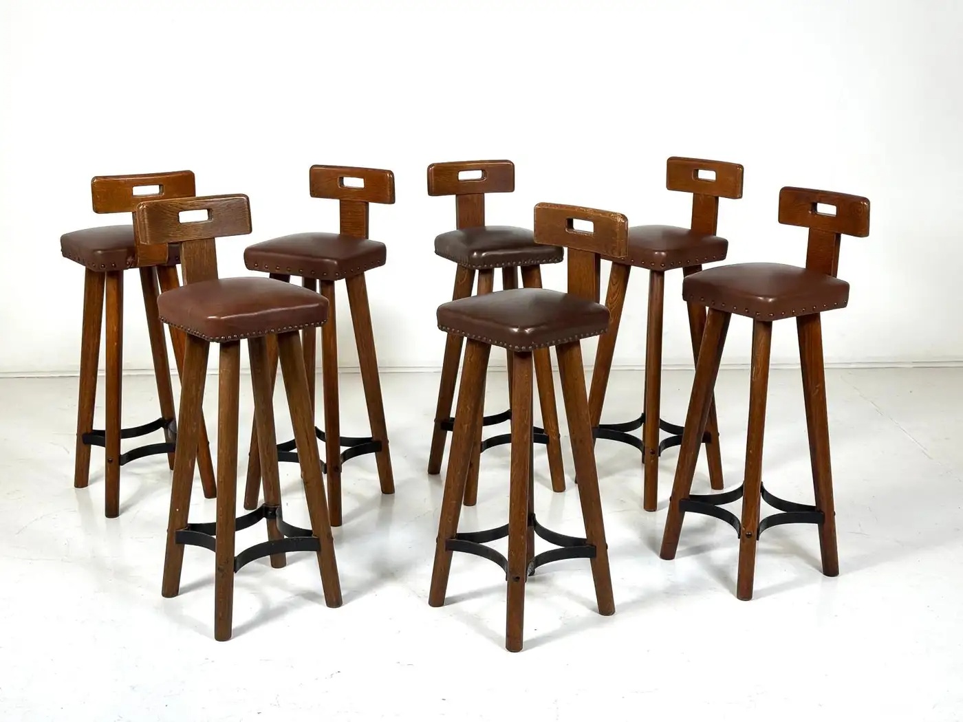 Brutalist Bar Stool, Wood and Leather, 1970s - 7 available - Image 4