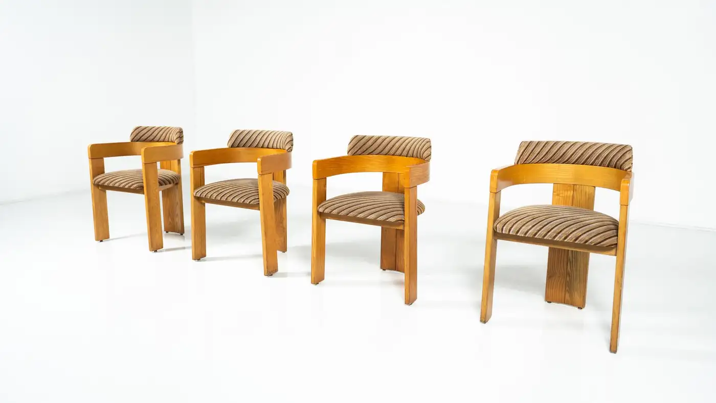Set of 4 Armchairs, Wood and Fabric, Italy, 1970s