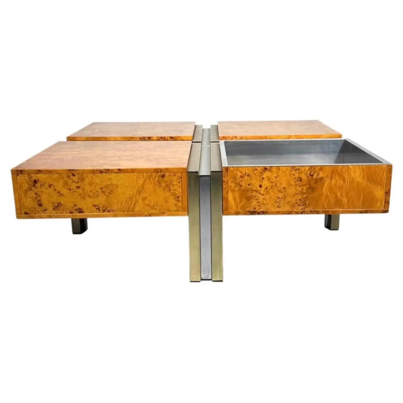 Burl Wood and Metal Coffee Table, Italy, 1970s - Image 3
