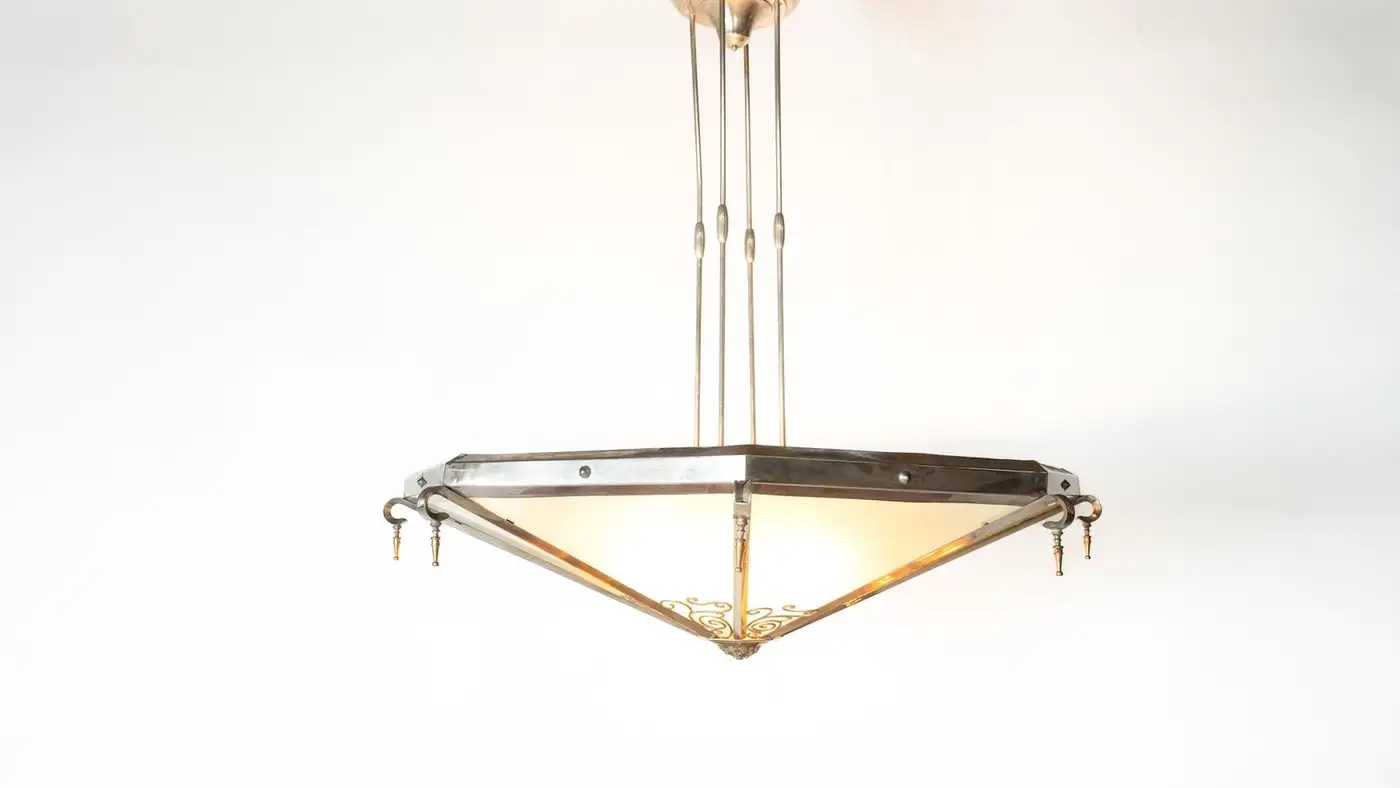 Large Art Deco Ceiling light, Glass and Metal, France, 1930s