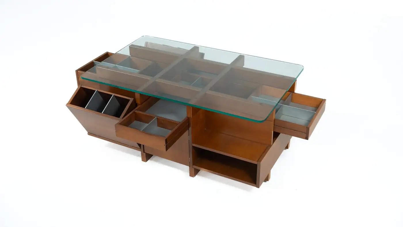 Mid-Century Modern Coffee Table with Compartments, Wood and Glass, Italy, 1970s - Image 2