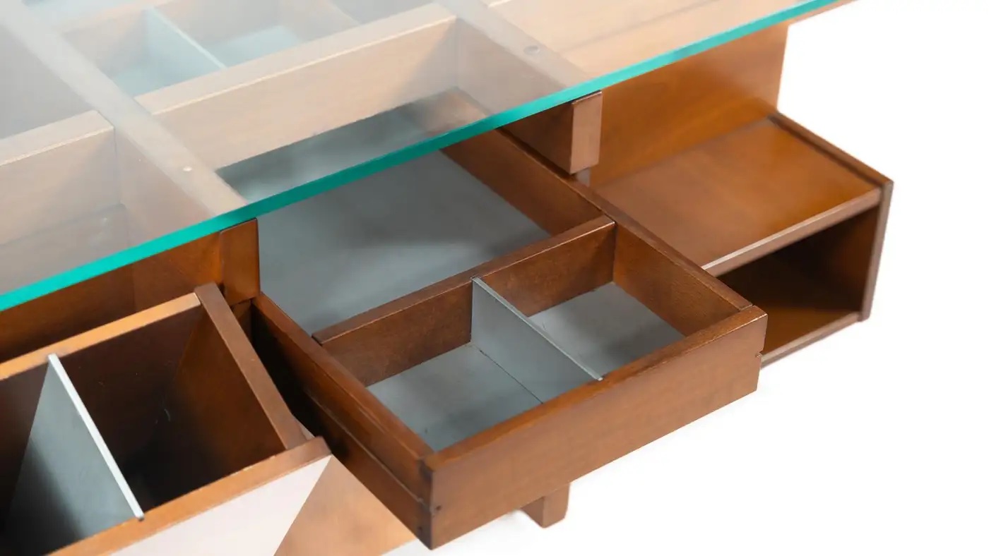 Mid-Century Modern Coffee Table with Compartments, Wood and Glass, Italy, 1970s - Image 3
