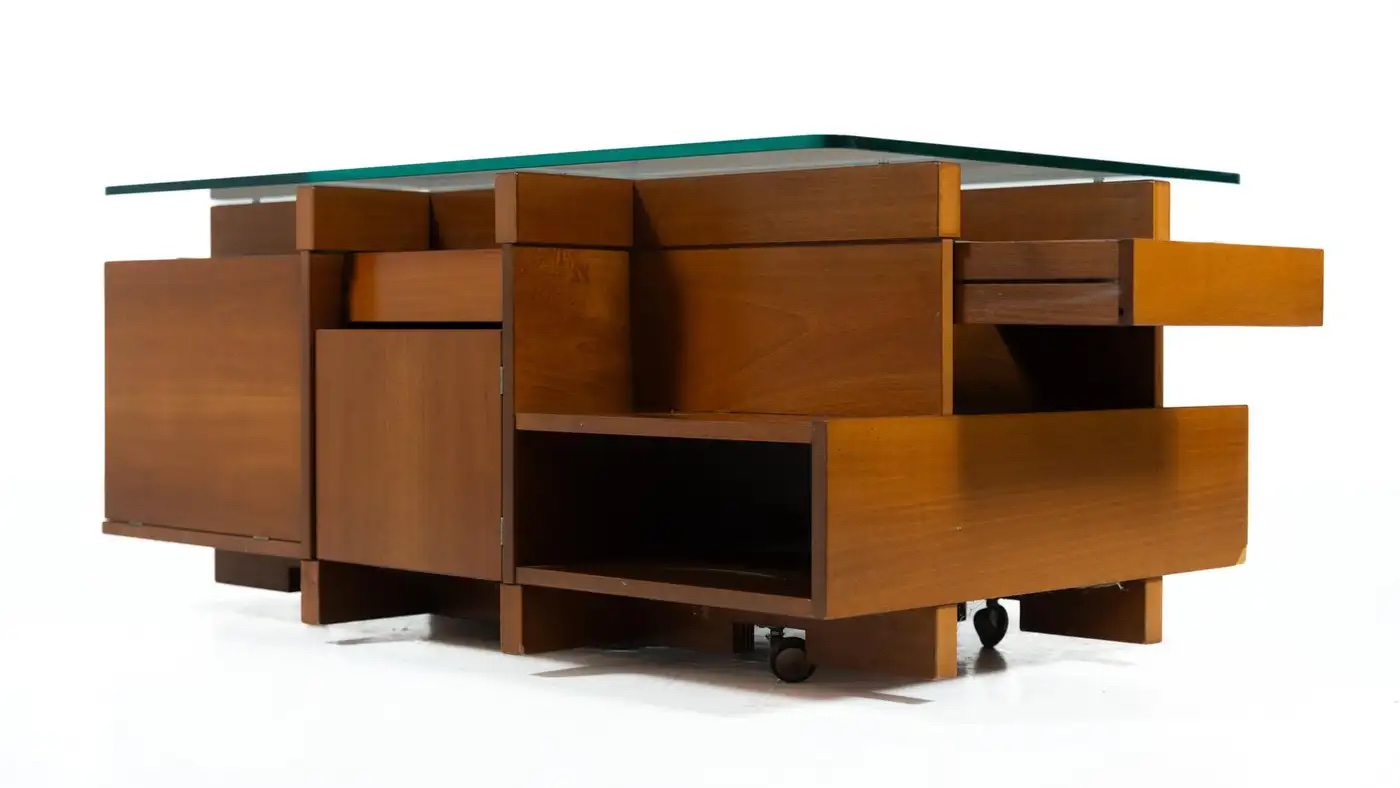 Mid-Century Modern Coffee Table with Compartments, Wood and Glass, Italy, 1970s - Image 5