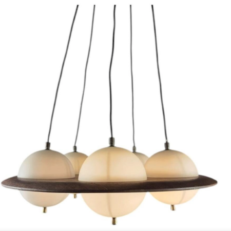 Goffredo Reggiani, Opaline Glass Chandelier With Teak Frame, Italy, 1960s