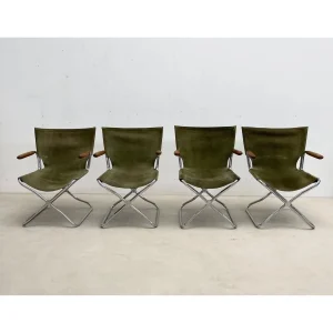 Set of 4 Mid Century Modern Green Canvas Folding Armchairs