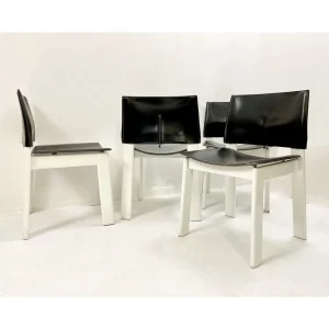 Set of 4 Mid Century Black & White Wooden Leather Chairs