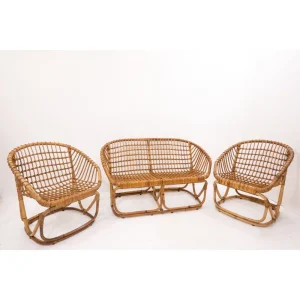 Mid Century Modern Rattan Sofa & Armchairs by Tito Agnoli