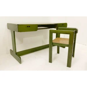 Mid Century Modern Green Wooden Desk & Chair by Derk Jan de Vries