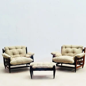 Pair of Mid Century Brazilian "Easy Chairs" & Ottoman by Jean Gillon for Italma Wood Art