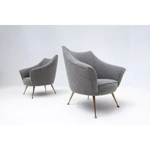 Pair of Mid Century Modern Grey Armchairs with Brass Feet