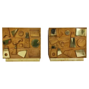 Pair of Contemporary Chest of Drawers in Wood and Brass
