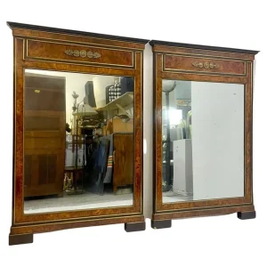 Pair of Mid Century Empire Mirrors in Burr Ash & Brass