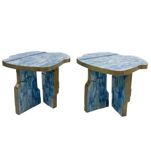 Pair of Blue Contemporary Ceramic & Brass Side Tables