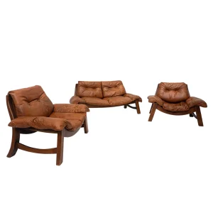 Mid Century Modern Living Room Set in Cognac Leather