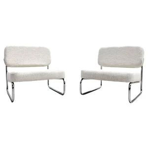 Pair of French Mid Century Chairs in Chrome & White Boucle