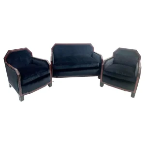 Art Deco Style Black Velvet and Red Snake Skin Sofa & Armchairs Set