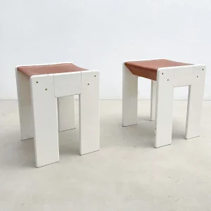 Mid Century Modern Pair of White & Brown Stools