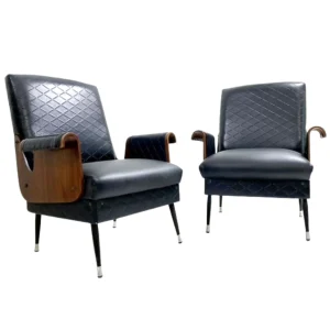 Pair of Mid Century Modern Armchairs in Walnut & Vegan Leather