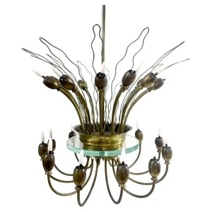 Mid Century Modern Italian Chandelier in Brass & Glass