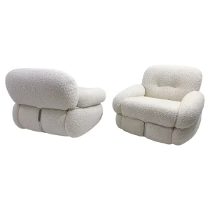 Pair of Mid Century Modern Italian Armchairs in White Boucle