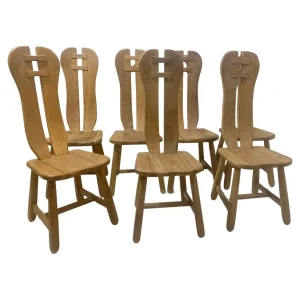 Set of 7 Brutalist Oak Dining Chairs by De Puydt