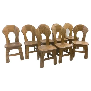 Set of 8 Brutalist Wooden Dining Chairs