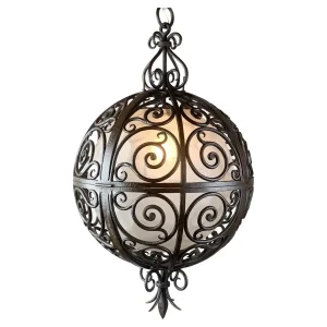 Wrought Iron Round Suspension Lamp with Interior Glass Sphere