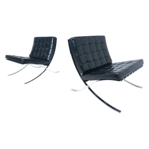 Pair of Black Leather "Barcelona" Chairs by Mies Van Der Rohe for Knoll