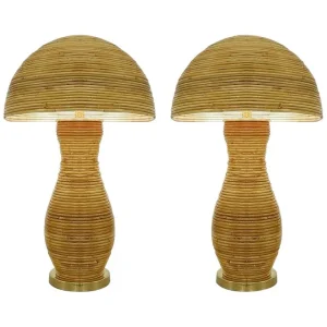 Pair of Large Italian Contemporary Brass & Bamboo Table Lamps