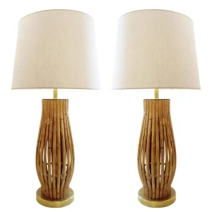 Pair of Large Italian Brass & Bamboo Table Lamps