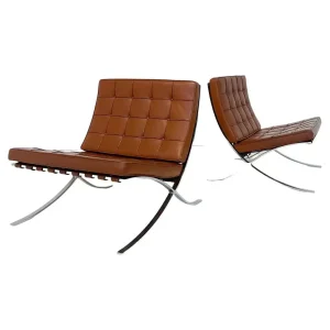 Pair of Brown Leather "Barcelona" Chairs by Mies Van Der Rohe for Knoll