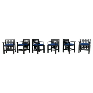 Set of 6 Post Modernist Wood & Velvet Armchairs