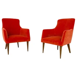 Pair of Italian Mid Century Red Velvet Armchairs