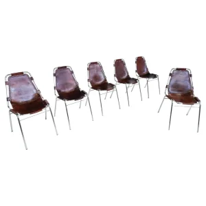 Set of 6 Leather "Les Arcs" Dining Chairs by Charlotte Perriand