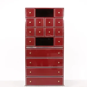 Mid-Century Red Cabinet Secretary by Michel Pigneres, Brass Chrome and Lacquer