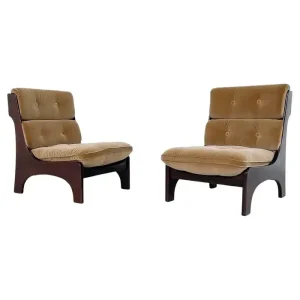 Pair of Mid Century Modern Teak & Velvet Low Chairs
