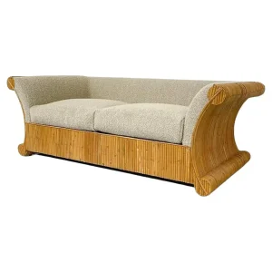 Mid-Century Modern Rattan Two Seater, Beige Boucle Fabric, Italy, 1960s