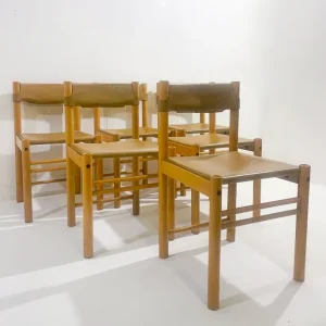 Mid-Century Modern Set of 6 Wood and Leather Chairs