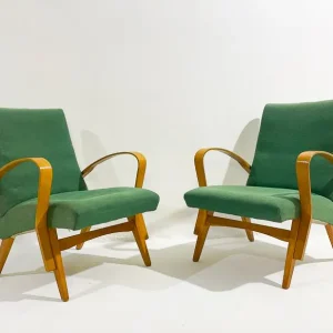 Mid-Century Modern Pair of Amarchairs, Green Upholstery, Czech, 1950s