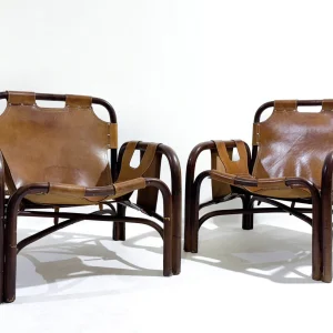 Mid-Century Modern Pair of Bamboo & Leather Armchairs by Tito Agnoli, Italy, 1960s