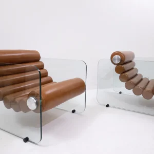 Pair of "Hyaline" Cognac leather Armchairs by Fabio Lenci - Italy 1967