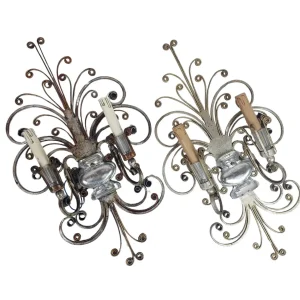 Pair of Silver Wrought Iron And Glass Wall Lights by Banci, Italy, 1940s